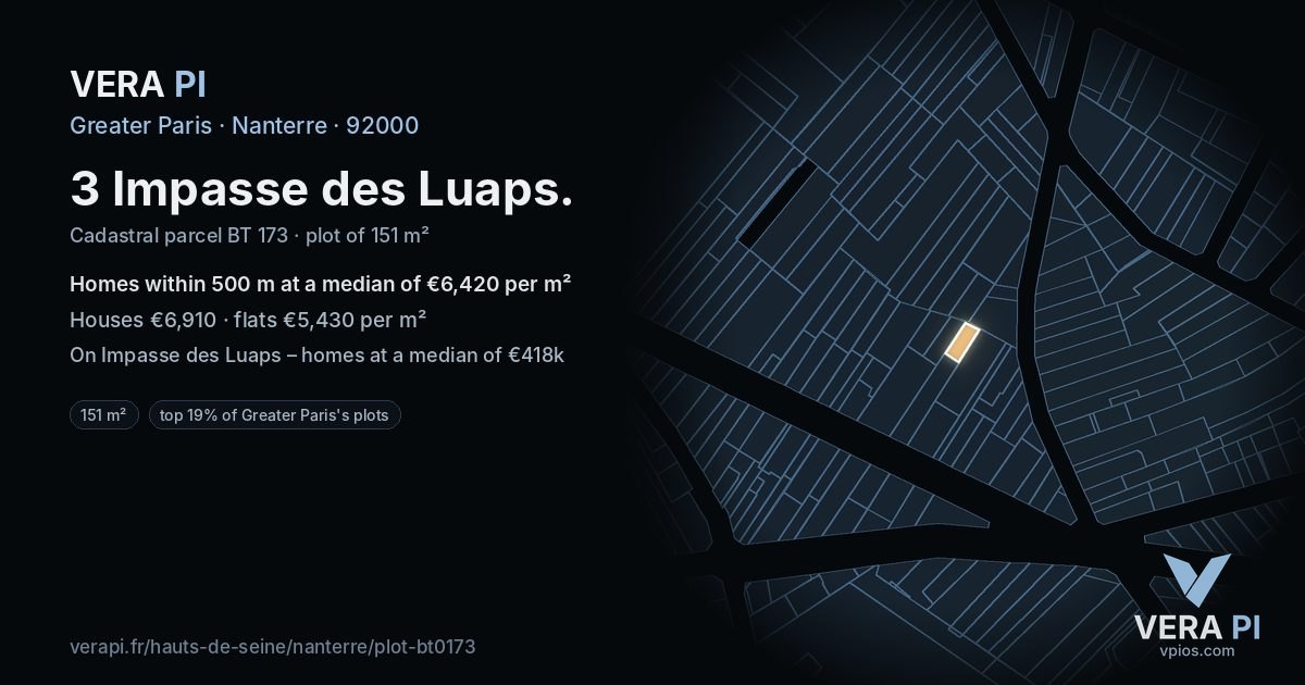 3 Impasse des Luaps, Nanterre at night – the plot lit, the parcels around coloured by the prices near them