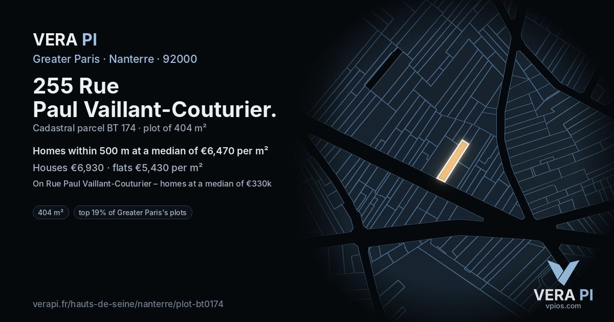 255 Rue Paul Vaillant-Couturier, Nanterre at night – the plot lit, the parcels around coloured by the prices near them