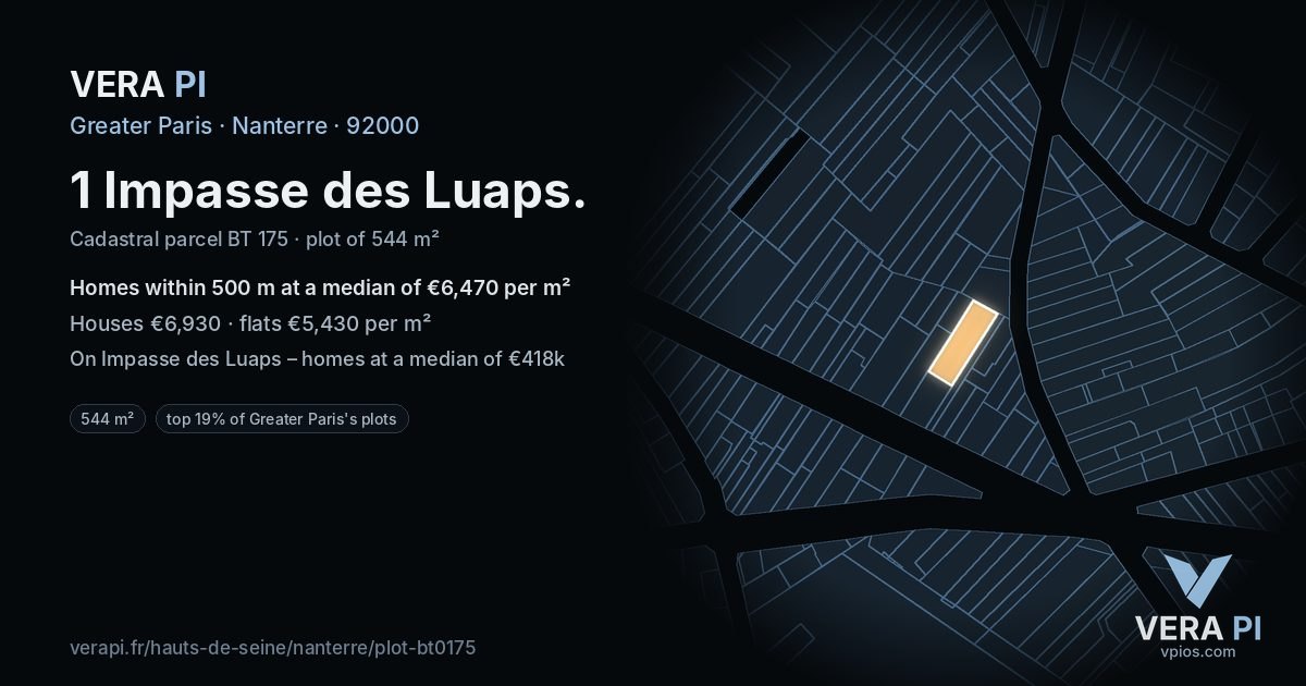1 Impasse des Luaps, Nanterre at night – the plot lit, the parcels around coloured by the prices near them