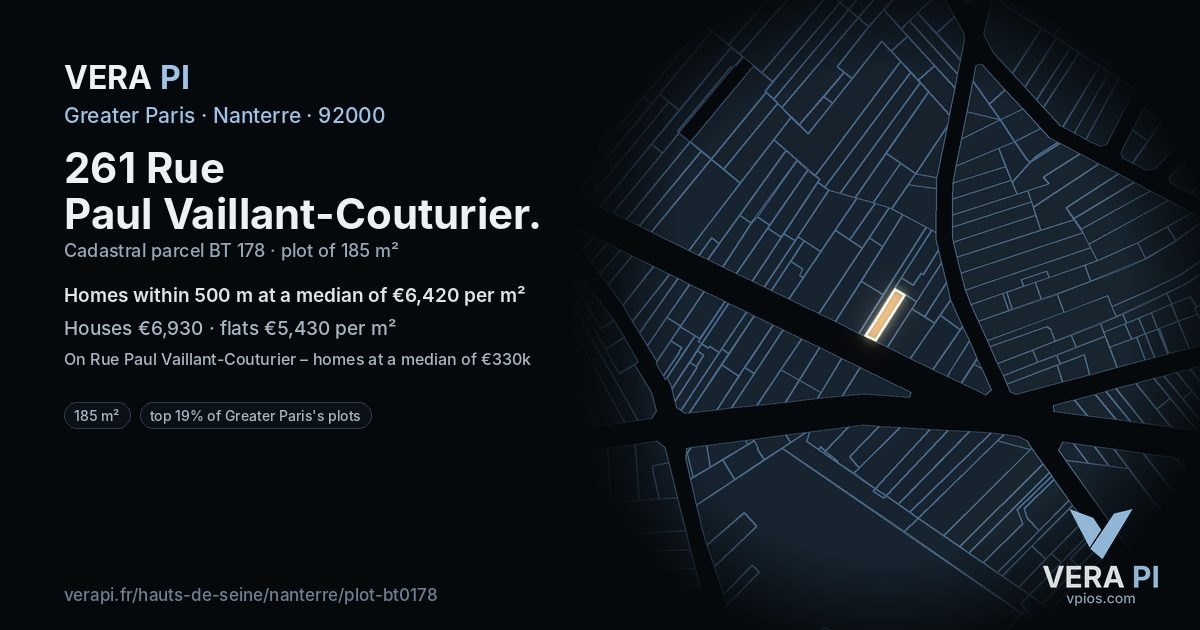 261 Rue Paul Vaillant-Couturier, Nanterre at night – the plot lit, the parcels around coloured by the prices near them