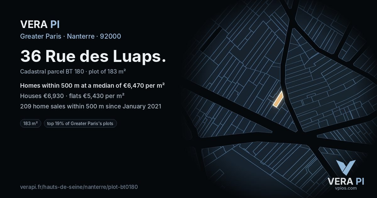 36 Rue des Luaps, Nanterre at night – the plot lit, the parcels around coloured by the prices near them