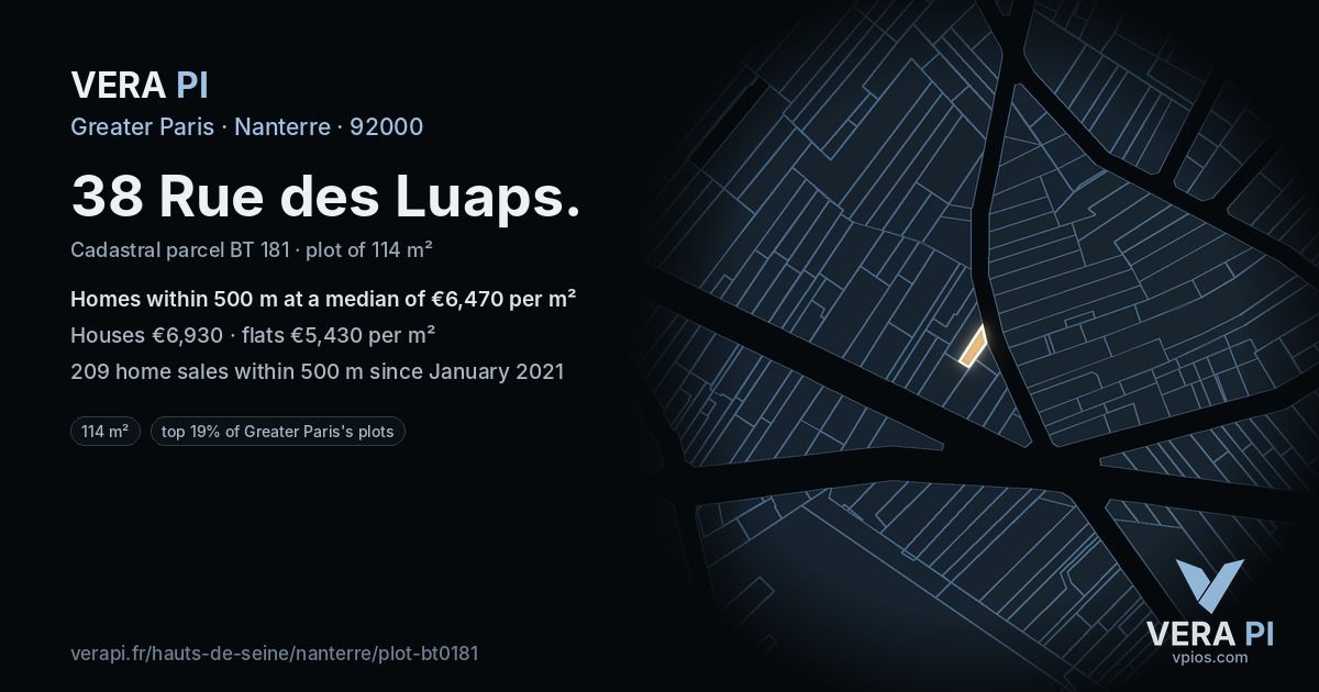 38 Rue des Luaps, Nanterre at night – the plot lit, the parcels around coloured by the prices near them