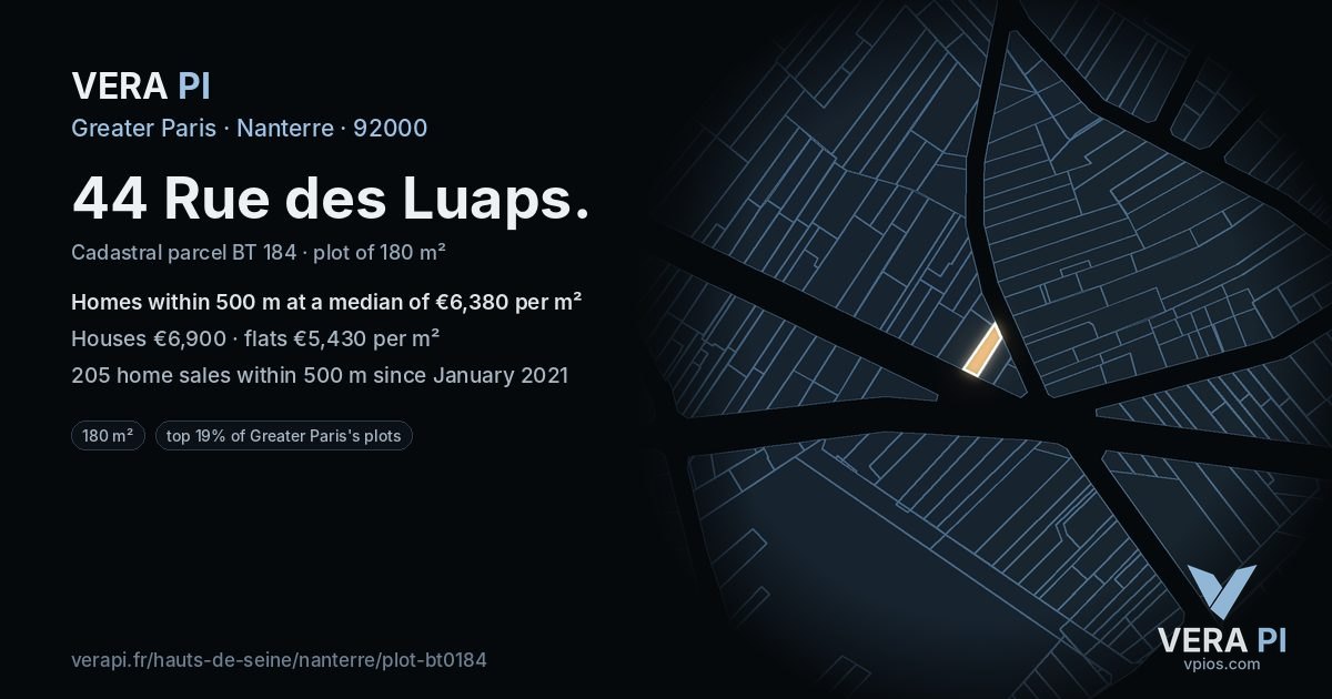 44 Rue des Luaps, Nanterre at night – the plot lit, the parcels around coloured by the prices near them