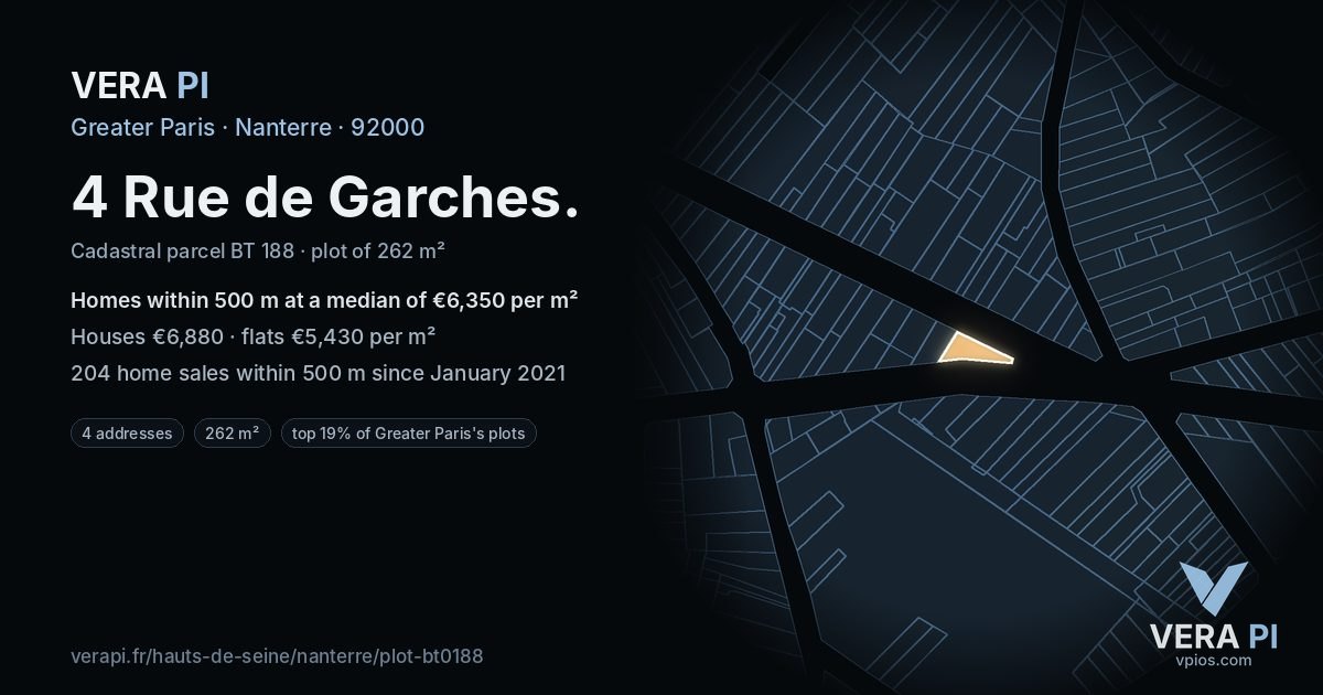 4 Rue de Garches, Nanterre at night – the plot lit, the parcels around coloured by the prices near them