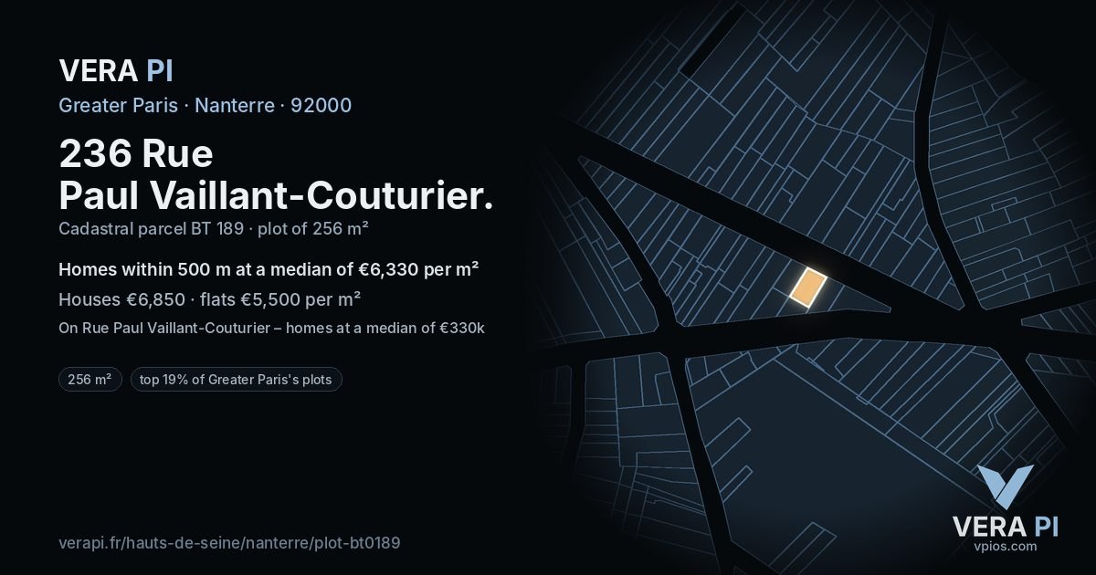 236 Rue Paul Vaillant-Couturier, Nanterre at night – the plot lit, the parcels around coloured by the prices near them