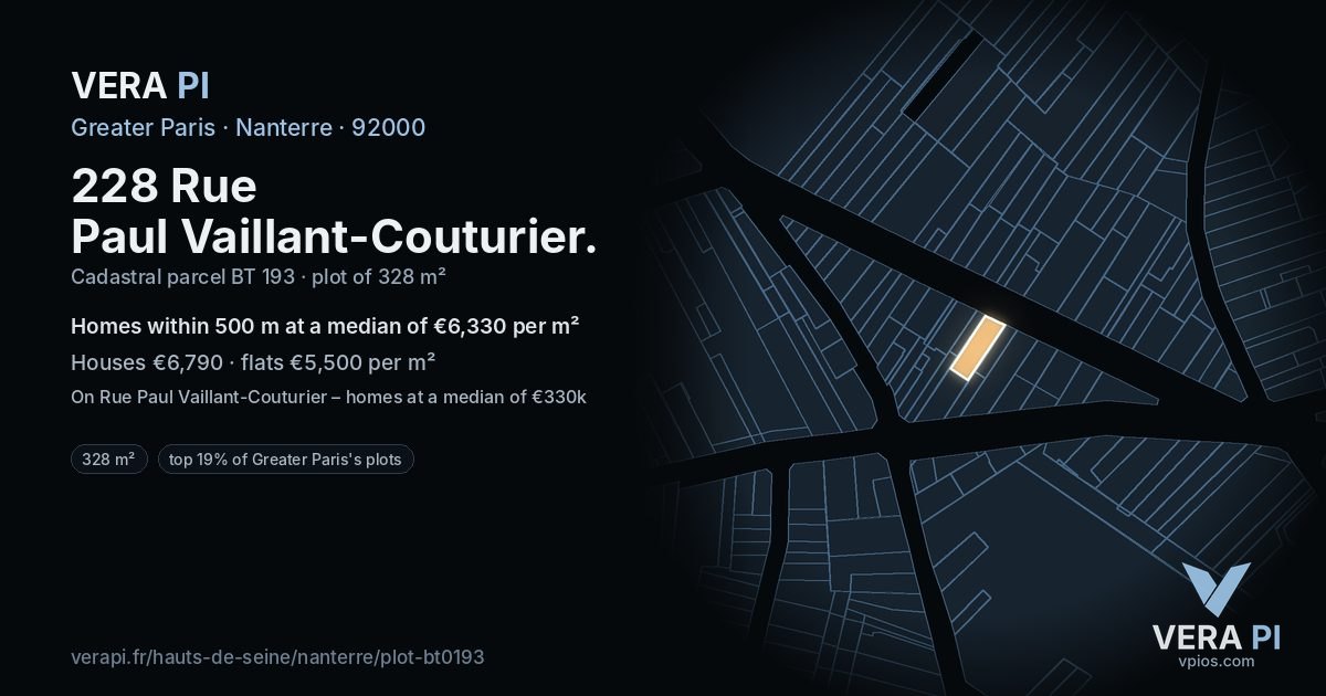 228 Rue Paul Vaillant-Couturier, Nanterre at night – the plot lit, the parcels around coloured by the prices near them