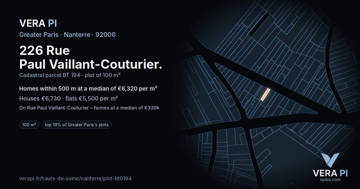 226 Rue Paul Vaillant-Couturier, Nanterre at night – the plot lit, the parcels around coloured by the prices near them