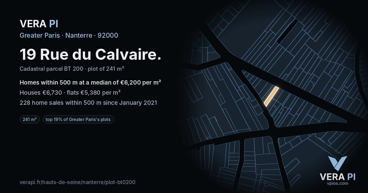 19 Rue du Calvaire, Nanterre at night – the plot lit, the parcels around coloured by the prices near them