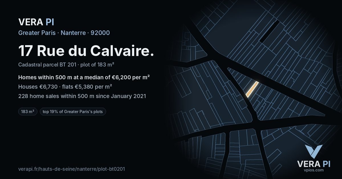 17 Rue du Calvaire, Nanterre at night – the plot lit, the parcels around coloured by the prices near them