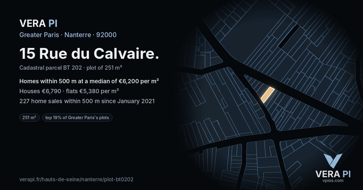 15 Rue du Calvaire, Nanterre at night – the plot lit, the parcels around coloured by the prices near them