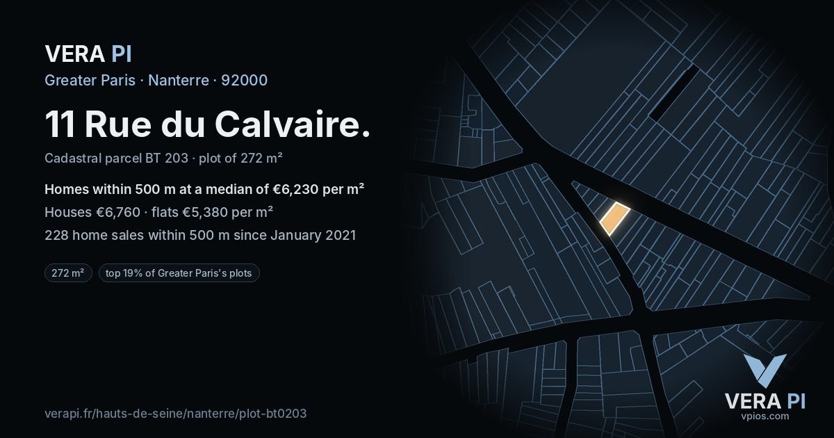 11 Rue du Calvaire, Nanterre at night – the plot lit, the parcels around coloured by the prices near them