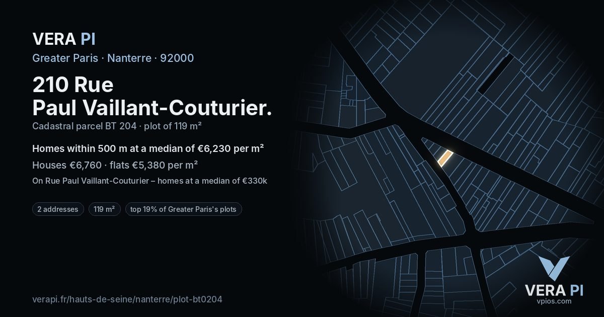 210 Rue Paul Vaillant-Couturier, Nanterre at night – the plot lit, the parcels around coloured by the prices near them