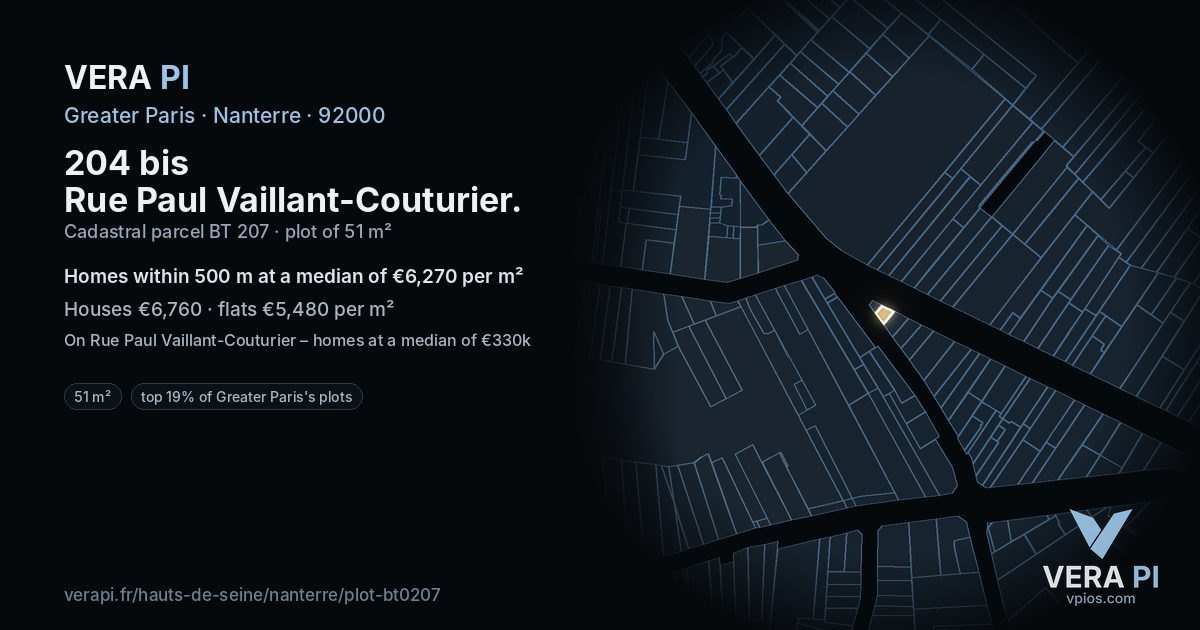 204 bis Rue Paul Vaillant-Couturier, Nanterre at night – the plot lit, the parcels around coloured by the prices near them