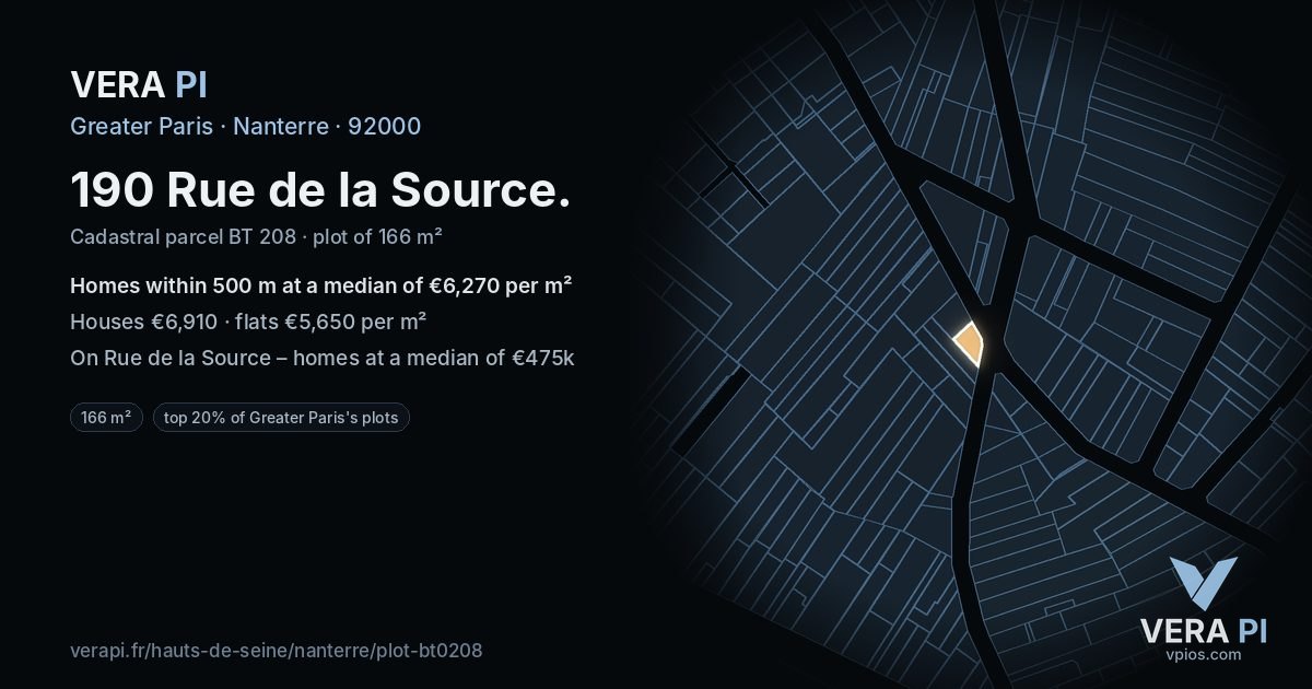 190 Rue de la Source, Nanterre at night – the plot lit, the parcels around coloured by the prices near them