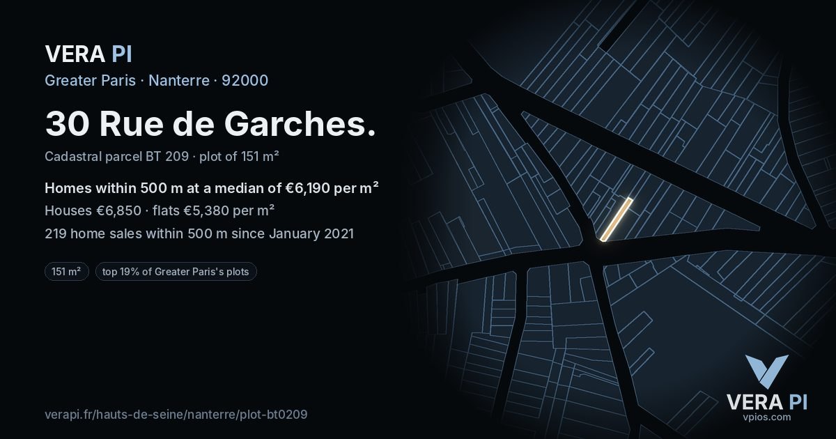 30 Rue de Garches, Nanterre at night – the plot lit, the parcels around coloured by the prices near them