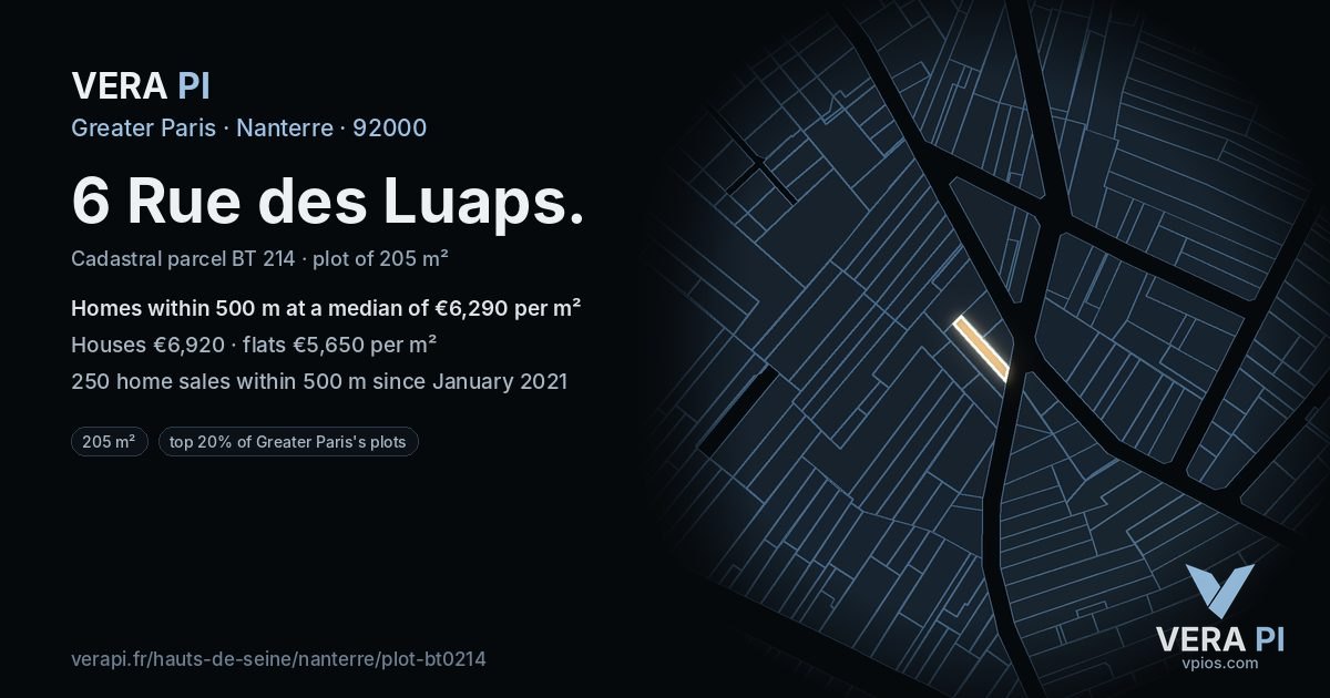6 Rue des Luaps, Nanterre at night – the plot lit, the parcels around coloured by the prices near them