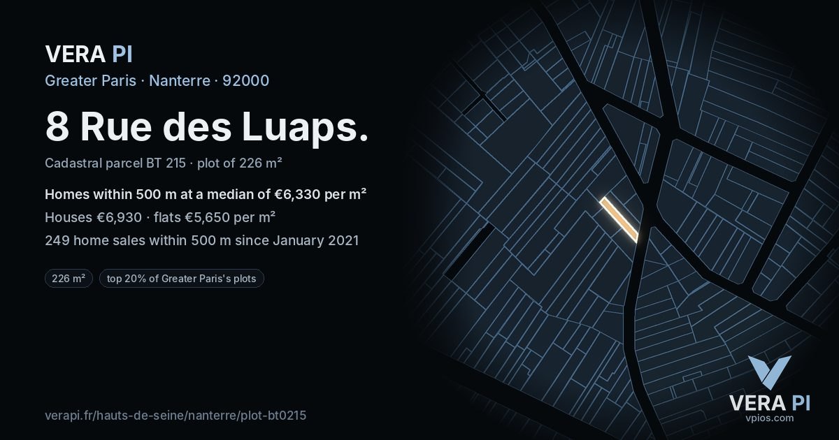 8 Rue des Luaps, Nanterre at night – the plot lit, the parcels around coloured by the prices near them