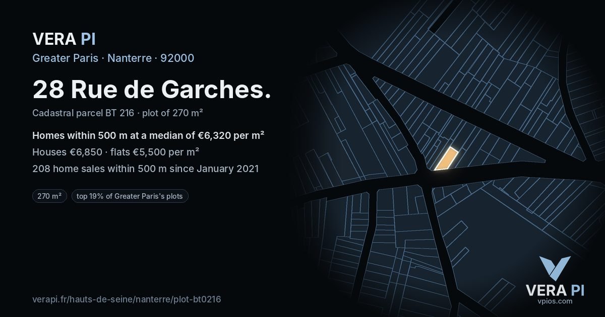 28 Rue de Garches, Nanterre at night – the plot lit, the parcels around coloured by the prices near them