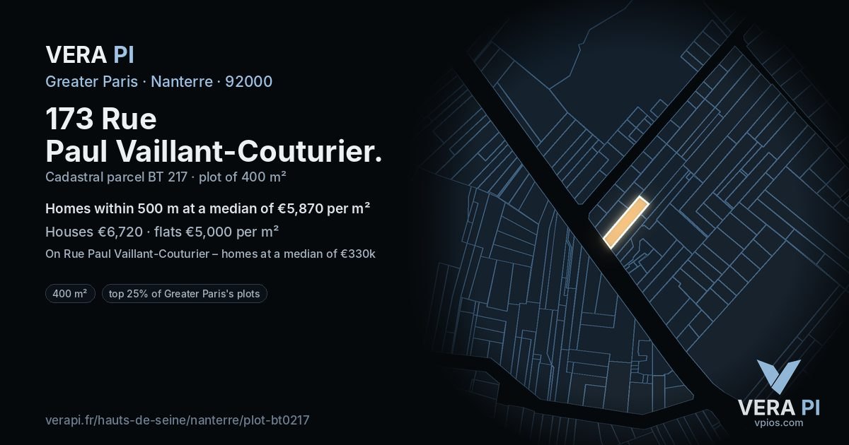 173 Rue Paul Vaillant-Couturier, Nanterre at night – the plot lit, the parcels around coloured by the prices near them