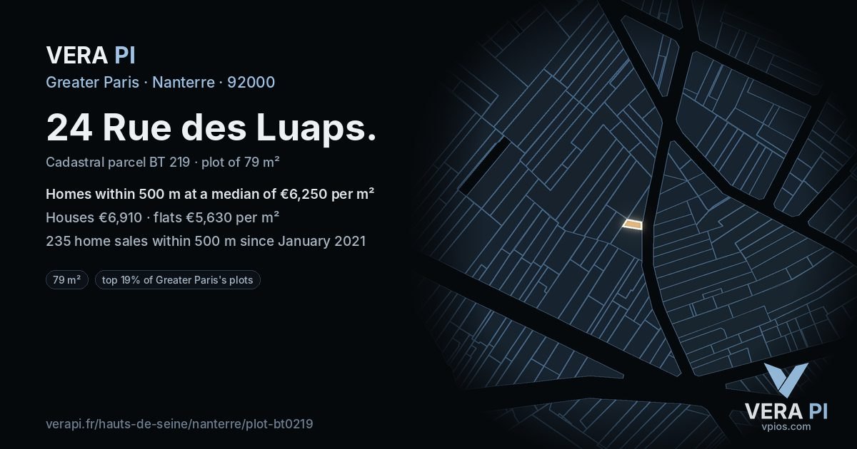 24 Rue des Luaps, Nanterre at night – the plot lit, the parcels around coloured by the prices near them
