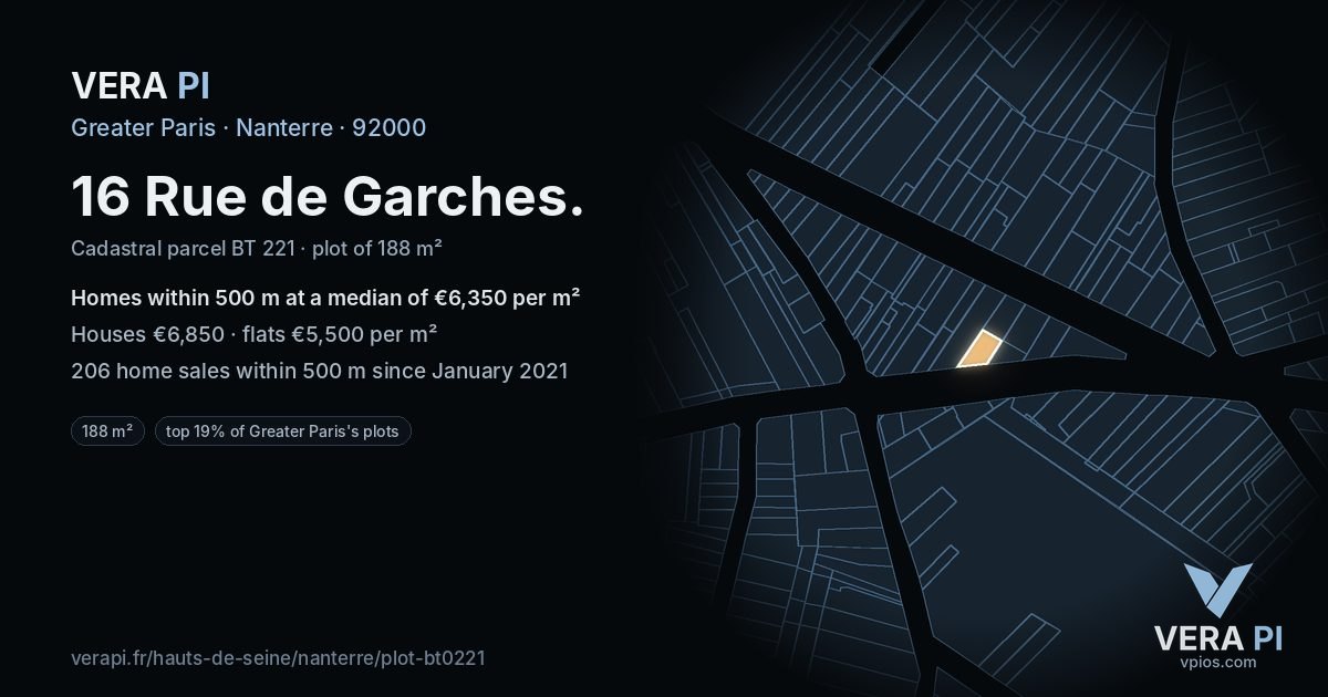 16 Rue de Garches, Nanterre at night – the plot lit, the parcels around coloured by the prices near them