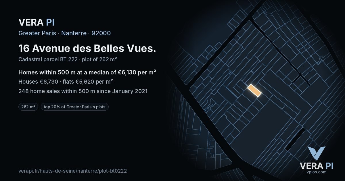 16 Avenue des Belles Vues, Nanterre at night – the plot lit, the parcels around coloured by the prices near them