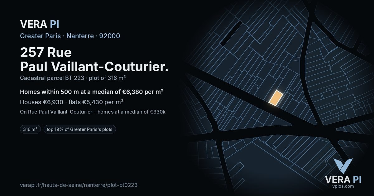 257 Rue Paul Vaillant-Couturier, Nanterre at night – the plot lit, the parcels around coloured by the prices near them