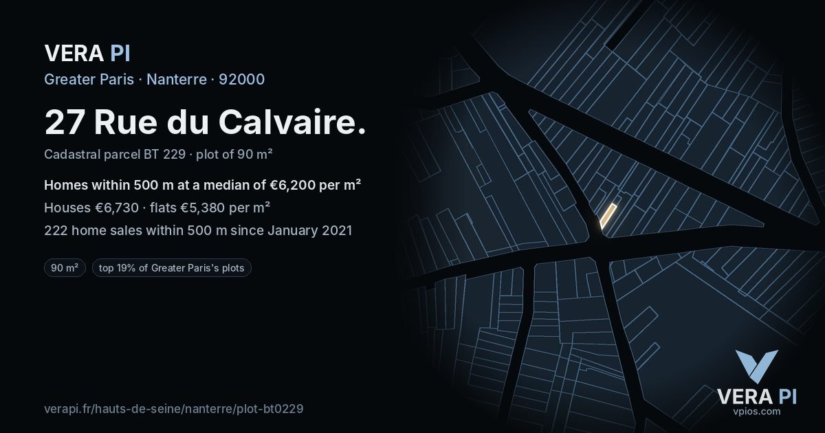 27 Rue du Calvaire, Nanterre at night – the plot lit, the parcels around coloured by the prices near them