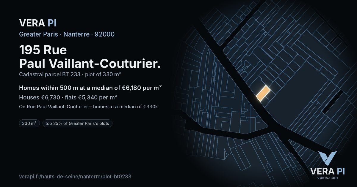 195 Rue Paul Vaillant-Couturier, Nanterre at night – the plot lit, the parcels around coloured by the prices near them