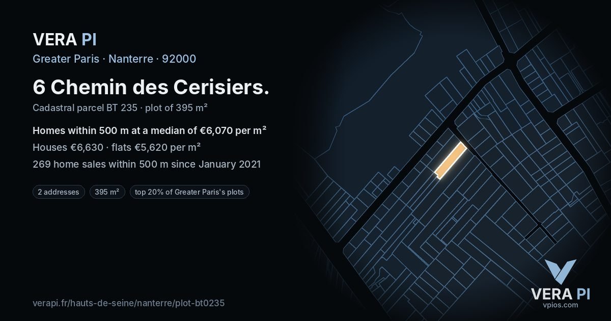 6 Chemin des Cerisiers, Nanterre at night – the plot lit, the parcels around coloured by the prices near them