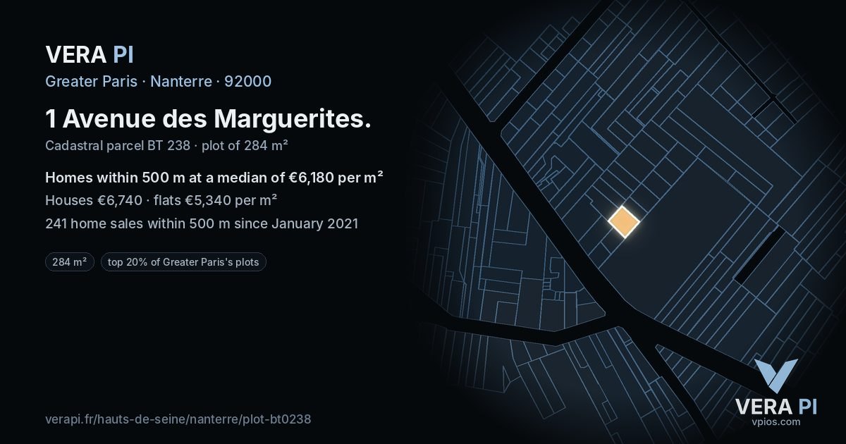 1 Avenue des Marguerites, Nanterre at night – the plot lit, the parcels around coloured by the prices near them