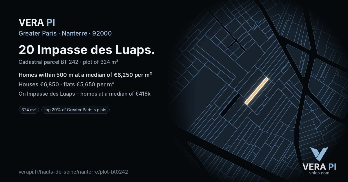 20 Impasse des Luaps, Nanterre at night – the plot lit, the parcels around coloured by the prices near them