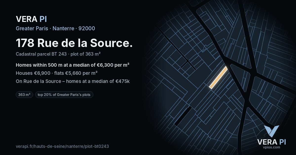 178 Rue de la Source, Nanterre at night – the plot lit, the parcels around coloured by the prices near them