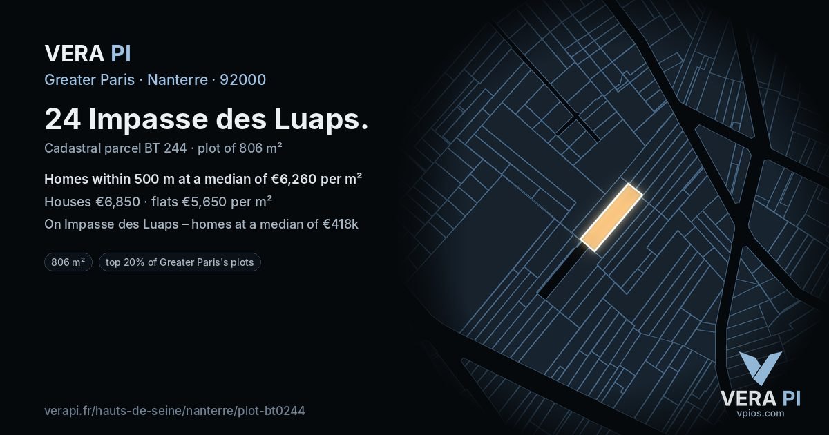 24 Impasse des Luaps, Nanterre at night – the plot lit, the parcels around coloured by the prices near them