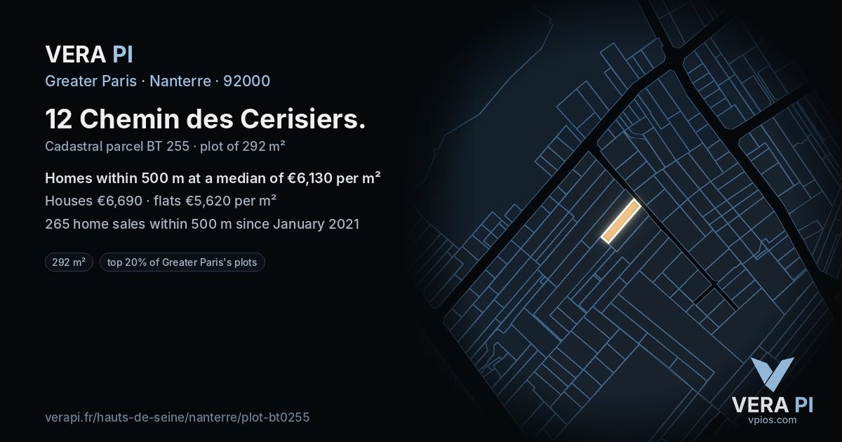 12 Chemin des Cerisiers, Nanterre at night – the plot lit, the parcels around coloured by the prices near them