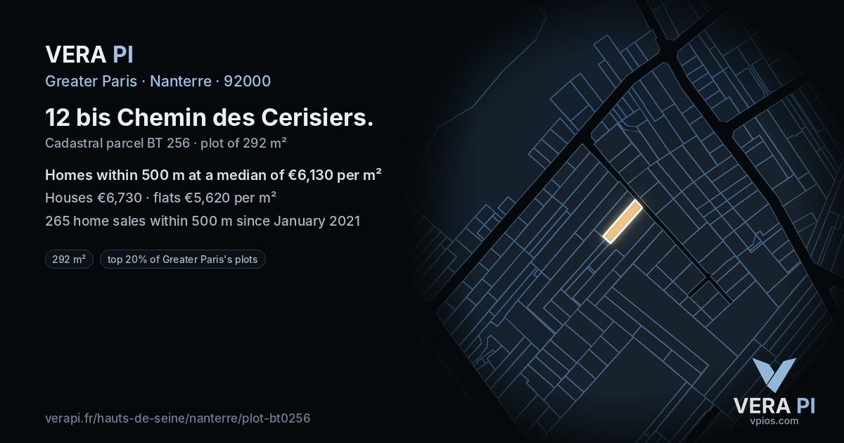 12 bis Chemin des Cerisiers, Nanterre at night – the plot lit, the parcels around coloured by the prices near them