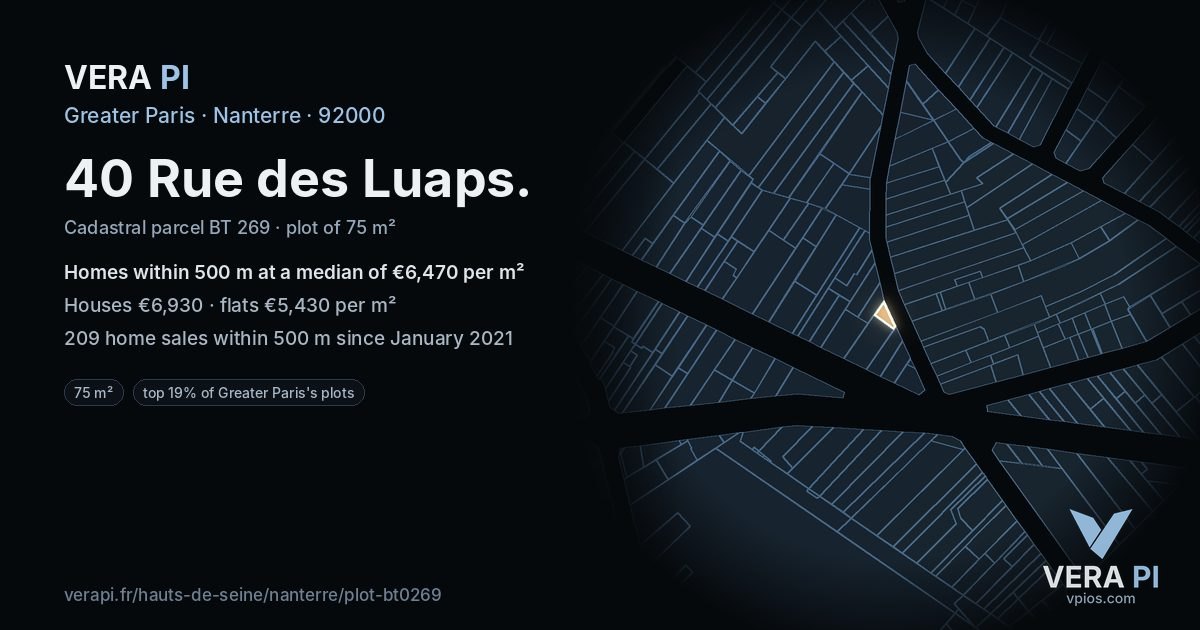 40 Rue des Luaps, Nanterre at night – the plot lit, the parcels around coloured by the prices near them