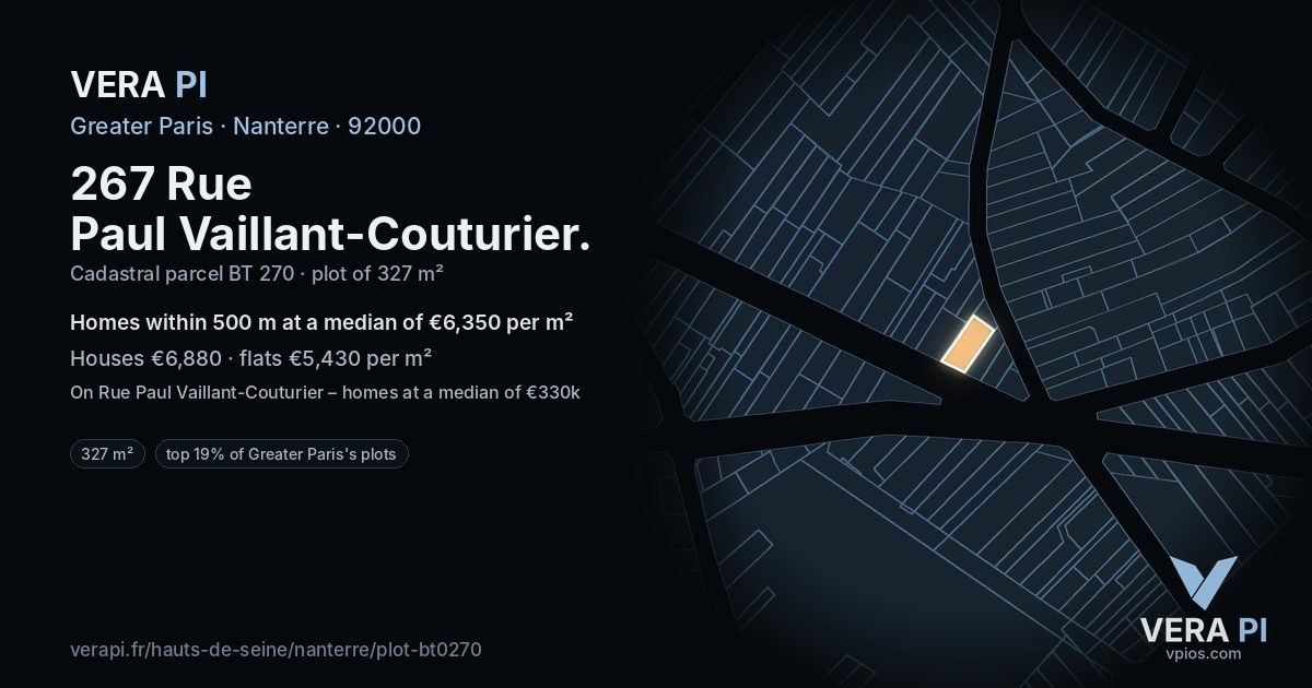 267 Rue Paul Vaillant-Couturier, Nanterre at night – the plot lit, the parcels around coloured by the prices near them