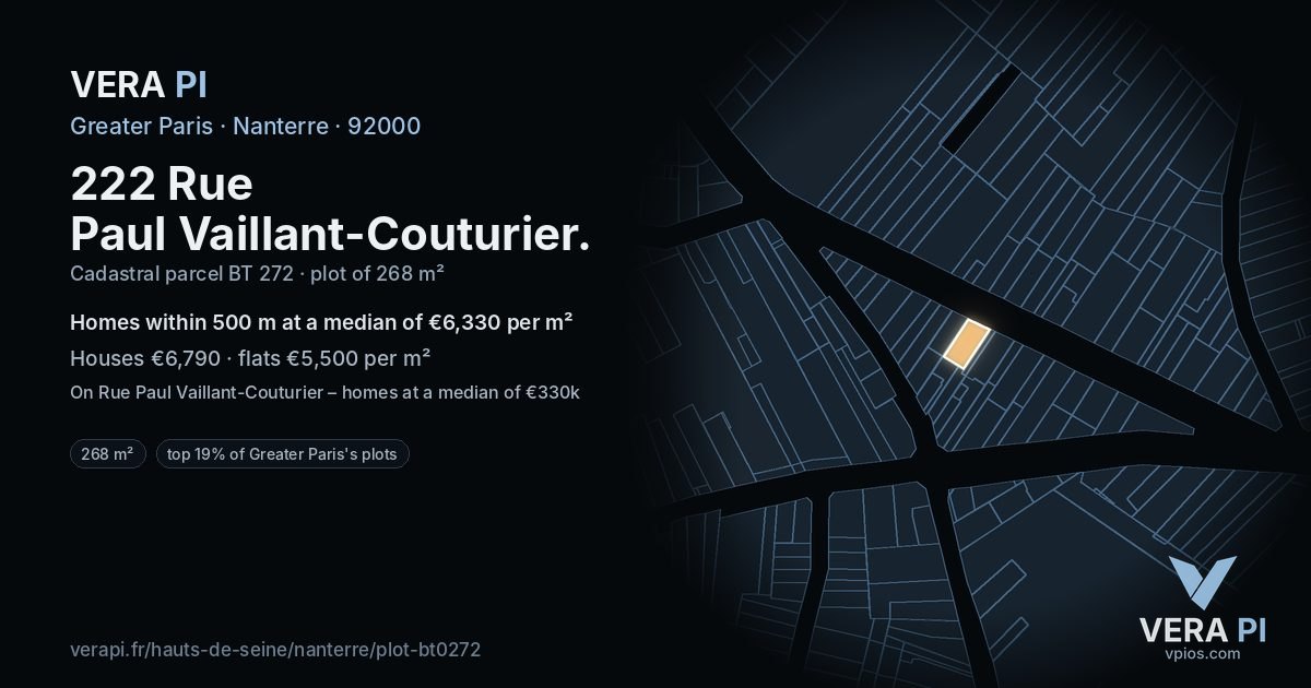 222 Rue Paul Vaillant-Couturier, Nanterre at night – the plot lit, the parcels around coloured by the prices near them