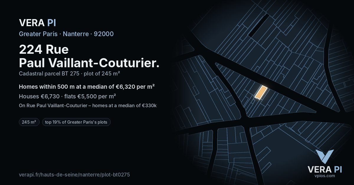 224 Rue Paul Vaillant-Couturier, Nanterre at night – the plot lit, the parcels around coloured by the prices near them