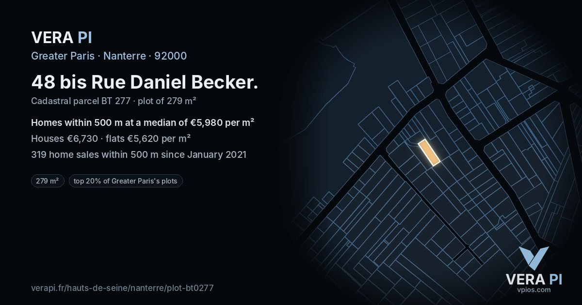 48 bis Rue Daniel Becker, Nanterre at night – the plot lit, the parcels around coloured by the prices near them