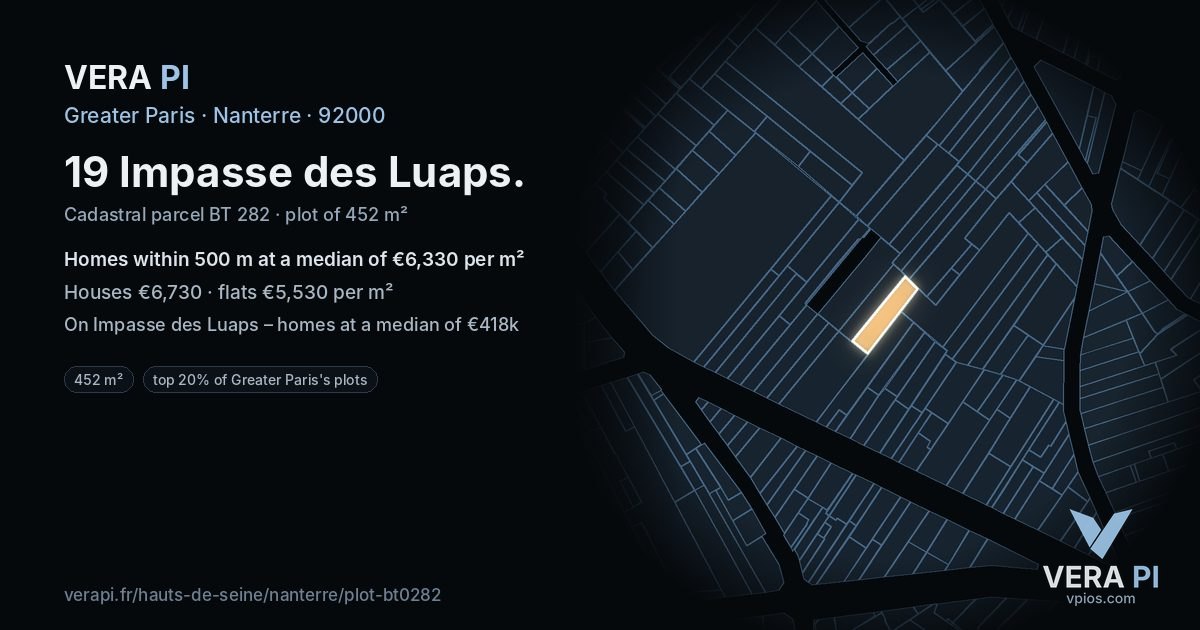 19 Impasse des Luaps, Nanterre at night – the plot lit, the parcels around coloured by the prices near them