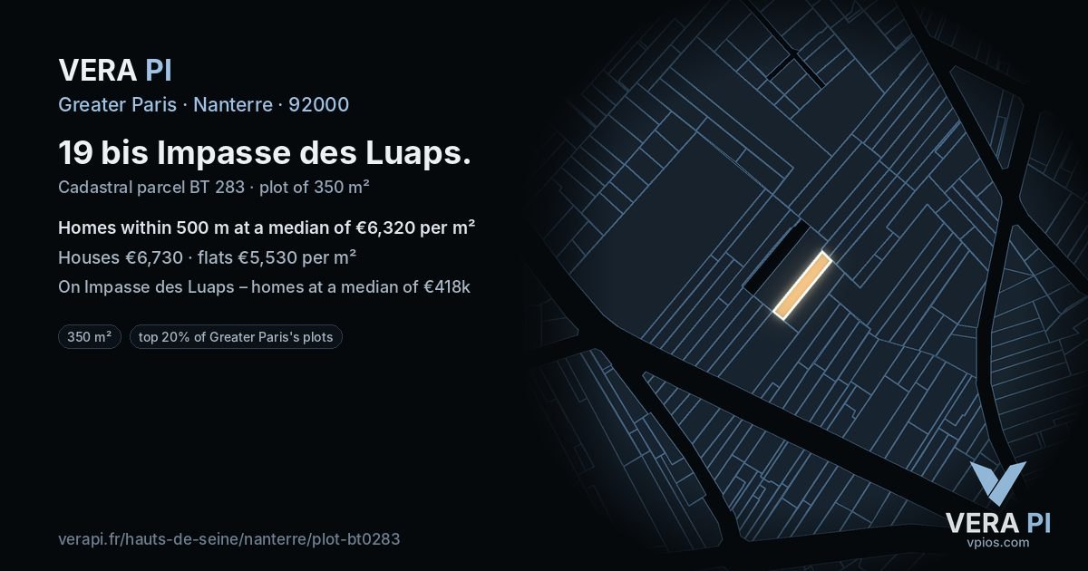 19 bis Impasse des Luaps, Nanterre at night – the plot lit, the parcels around coloured by the prices near them