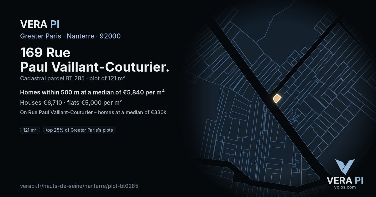 169 Rue Paul Vaillant-Couturier, Nanterre at night – the plot lit, the parcels around coloured by the prices near them