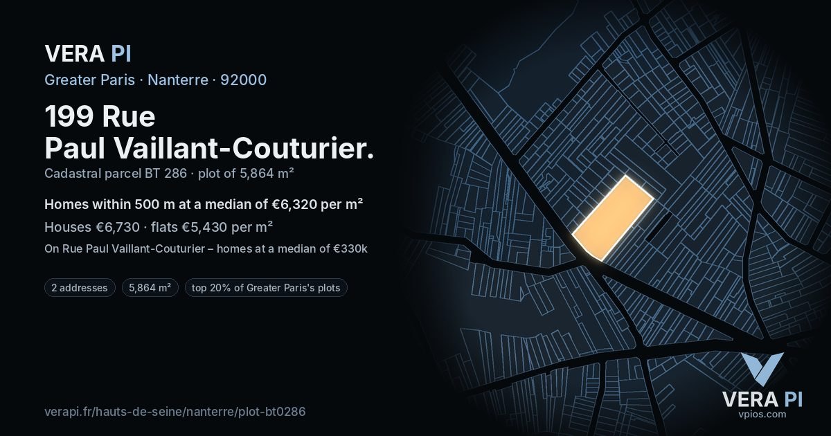199 Rue Paul Vaillant-Couturier, Nanterre at night – the plot lit, the parcels around coloured by the prices near them