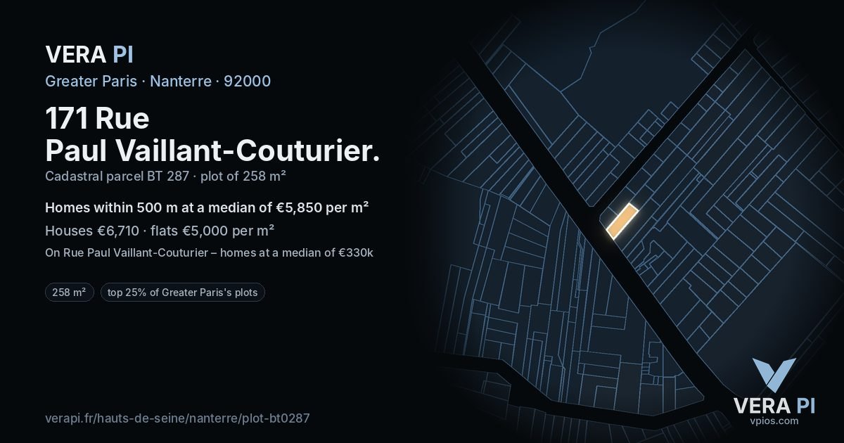 171 Rue Paul Vaillant-Couturier, Nanterre at night – the plot lit, the parcels around coloured by the prices near them