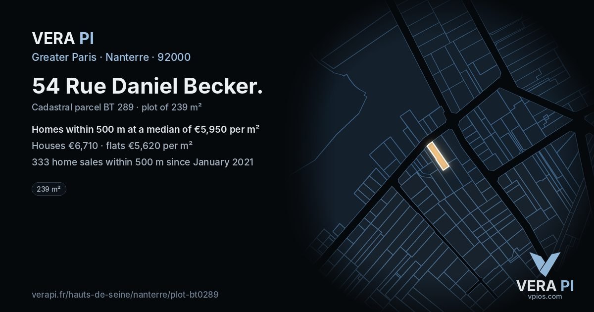 54 Rue Daniel Becker, Nanterre at night – the plot lit, the parcels around coloured by the prices near them