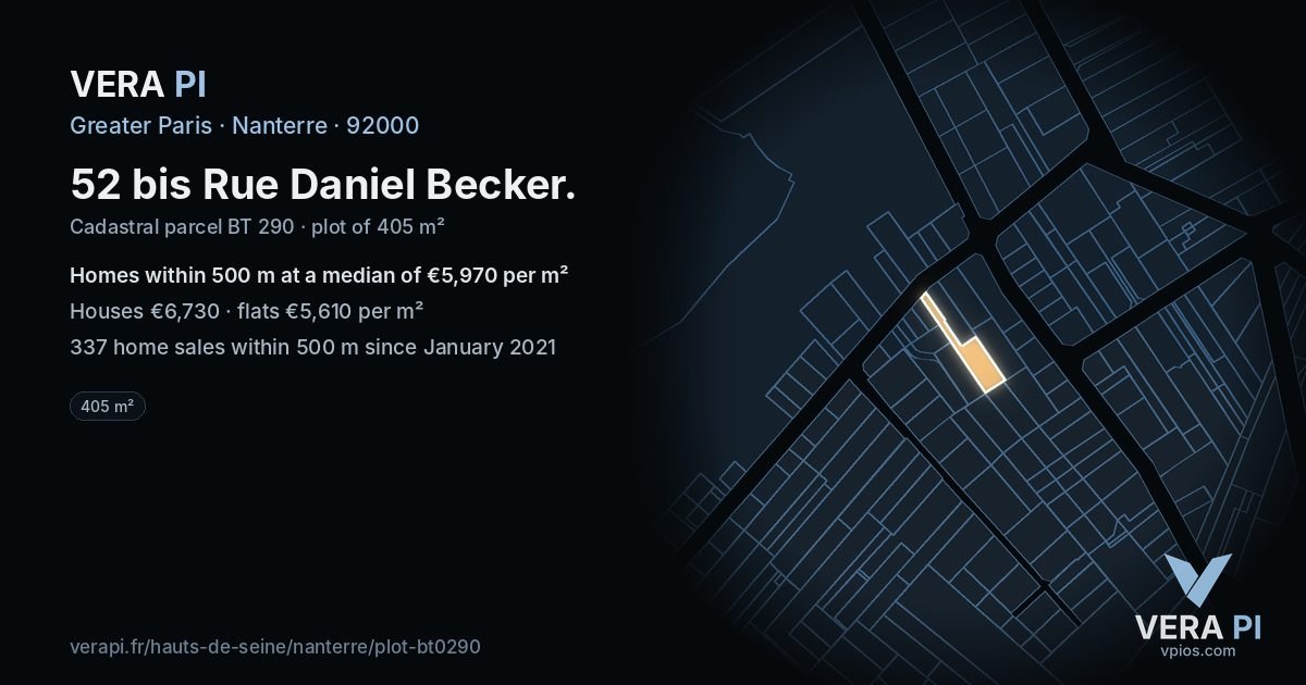 52 bis Rue Daniel Becker, Nanterre at night – the plot lit, the parcels around coloured by the prices near them