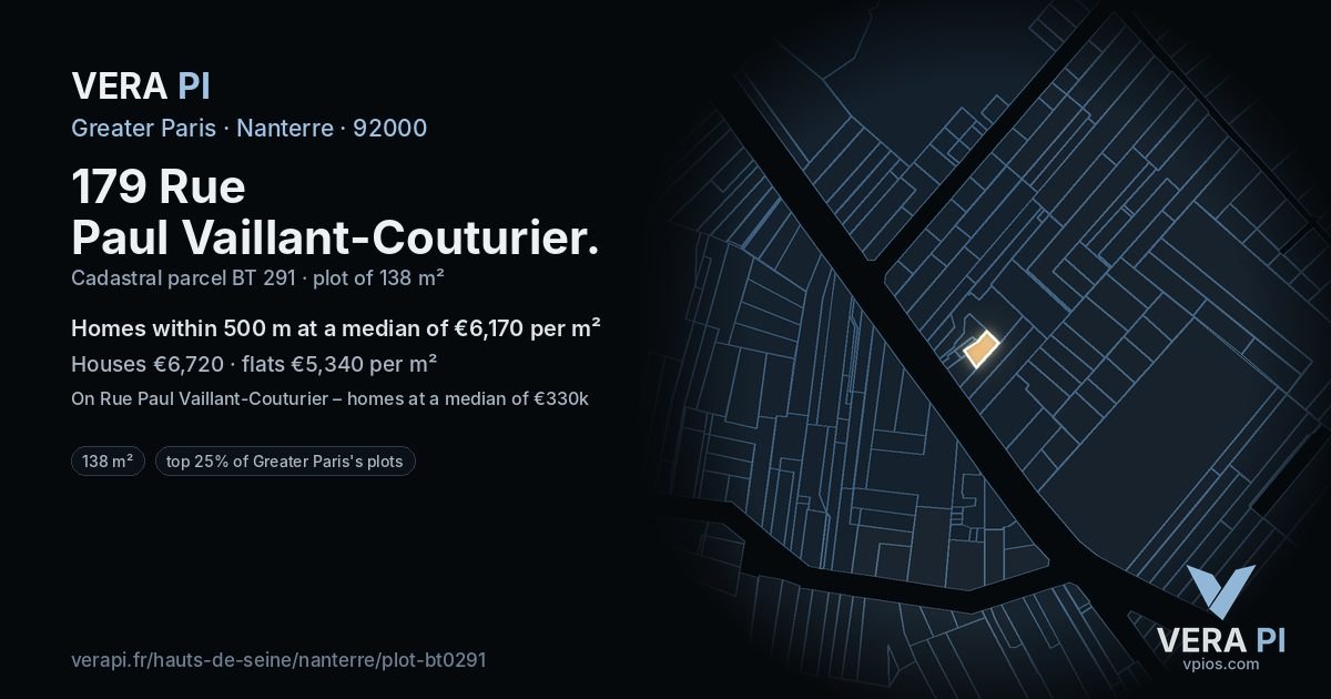 179 Rue Paul Vaillant-Couturier, Nanterre at night – the plot lit, the parcels around coloured by the prices near them