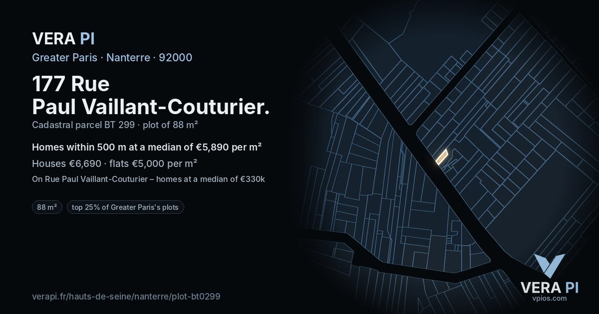177 Rue Paul Vaillant-Couturier, Nanterre at night – the plot lit, the parcels around coloured by the prices near them